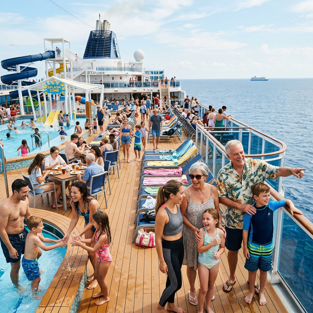 Families swimming in pool and relaxing on cruise ship deck with ocean view